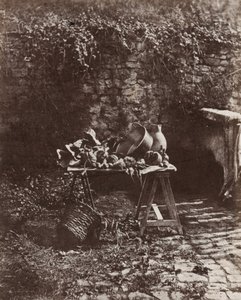 Stillleben: Topf, Krug und Gemüse auf einem Sägebocktisch, ca. 1852