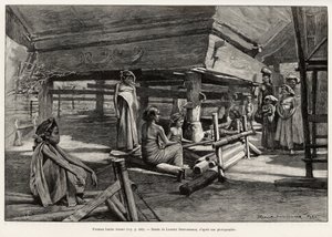 Batak-Frauen, ethnische Gruppe aus Nord-Sumatra, beim Weben. Gravur von Laurent Desrousseaux zur Illustration der Geschichte 