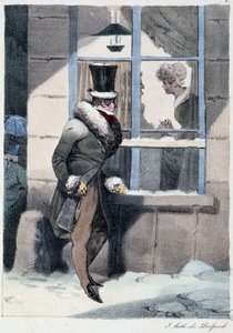 Neugieriger Mann schaut aus dem Fenster in einem Haus: „Jeder nimmt sein Vergnügen, wo er es findet“ - in „Les pastemps“ von Henri Monnier, ed. Delpech, Paris von Henri Bonaventure Monnier