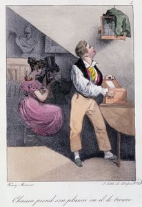 Mann, der Vögel züchtet, während seine Frau ihn betrügt: Jeder nimmt sein Vergnügen oder er findet es - in Les pastemps von Henry Monnier, ed. Delpech, Paris, um 1830 von Henri Bonaventure Monnier
