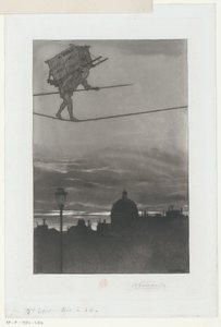 Seiltänzer mit Paket auf dem Rücken über einer Stadt von Henri Charles Guérard (signed by artist)