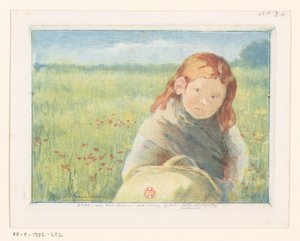 Mädchen mit Korb in einer Blumenwiese von Henri Charles Guérard (signed by artist)