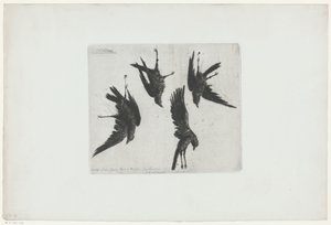 Vier tote Krähen an einer Wand hängend von Henri Charles Guérard (signed by artist)