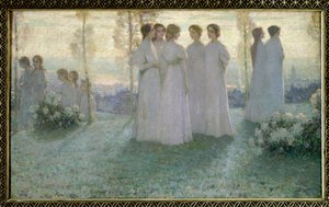 Am Sonntag, Frau in Weiß spricht in einem Garten von Henri Eugene Augustin Le Sidaner