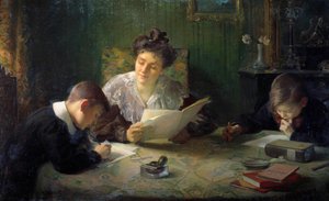Hausaufgaben. Eine Mutter hilft den Kindern bei den Hausaufgaben. Gemälde von Henri Jamet (1858-1940) 20. Jahrhundert Orleans, Musée des Beaux-Arts von Henri Jamet