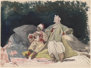 Zwei Puppen oder Marionetten, die auf Kissen sitzen