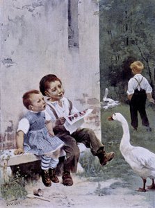 Erziehung: Kinder lesen und Gans beobachtet sie - Illustration von Geoffroy, in „Figaro Illustré“, Mai 1901 von Henri Jules Jean Geoffroy