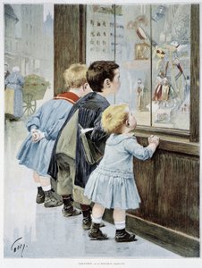 Die Versuchung: Kinder vor einem Schaufenster, die Spielzeug betrachten - Illustration von Geoffroy, in „Figaro Illustrated“