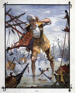 Lemuel Gulliver im Zentrum einer Seeschlacht zwischen den Schiffen von Lilliput und Blefuscu. Illustration für „Gullivers Reisen“ von Jonathan Swift (1667-1745)
