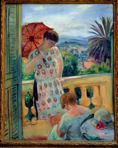 Zwei Frauen auf einem Balkon oder auf dem Balkon mit Blick auf das Esterel. Gemälde von Henri Lebasque (1865-1937) 1925-1926, Öl auf Leinwand, 92,5 × 65 cm. Lyon, Musee des Beaux Arts von Henri Lebasque