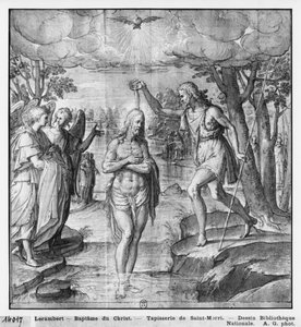 Leben Christi, Taufe Christi, Vorbereitungsstudie für den Wandteppichentwurf für die Kirche Saint-Merri in Paris, ca. 1585-90 von Henri Lerambert