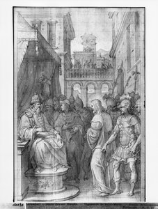 Leben Christi, Christus vor Herodes, Vorbereitungsstudie für den Wandteppichentwurf für die Kirche Saint-Merri in Paris, ca. 1585-90 von Henri Lerambert