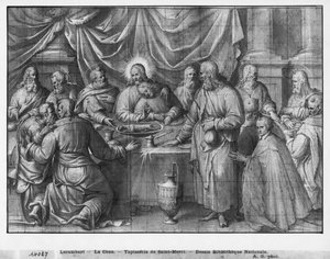 Leben Christi, das letzte Abendmahl, vorbereitende Studie eines Wandteppich-Kartons für die Kirche Saint-Merri in Paris, ca. 1585-90