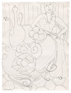 Frau sitzt an einem Tisch mit Obst und Krug von Henri Matisse
