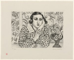 Junges Mädchen, das sich an blühendem Paravent lehnt von Henri Matisse