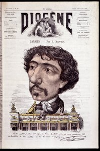Karikatur von Charles Garnier, sitzend auf seinem Werk, der Oper Garnier - in 