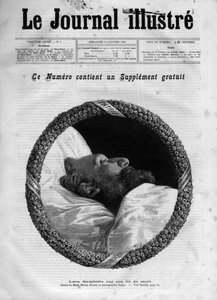 Tod von Leon Gambetta (1838-1882) französischer Politiker - Leon Gambetta auf seinem Sterbebett in „The Illustrous Journal“ von 1883 - Zeichnung von Henri Meyer (1844-1899)