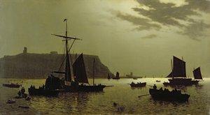 Scarborough Castle Hill und Hafen bei Mondlicht, 1876