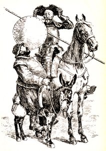Don Quichotte auf seinem Pferd, neben Sancho auf seinem Esel von Henri Pille