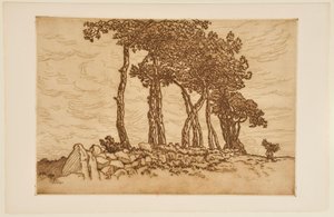 Alte Frau mit einem Bündel nahe einer Baumreihe von Henri Rivière