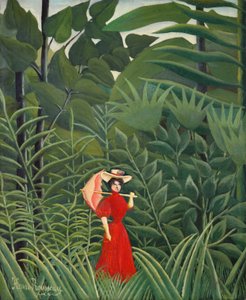 Frau in Rot im Wald von Henri Rousseau