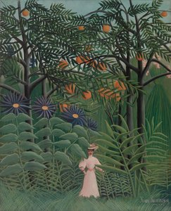 Frau spaziert in einem exotischen Wald von Henri Rousseau