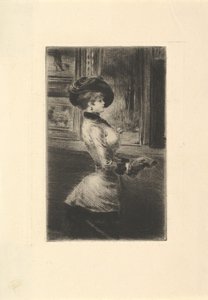 Dreiviertel-Längen-Porträt einer Frau im Profil in einer Kunstgalerie von Henri Somm