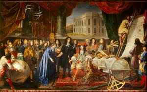 Colbert stellt die Mitglieder der Königlichen Akademie der Wissenschaften Ludwig XIV. im Jahr 1667 vor