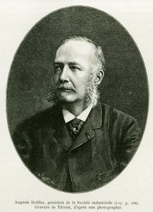 Auguste Dollfus, Präsident der Industriellen Gesellschaft Dollfus-Mieg. Gravur von Thiriat zur Illustration der Geschichte „Durch Elsass und Lothringen“, von Charles Grad, deutscher Abgeordneter, 1885, in Le Tour du monde 1886, unter der Leitung von Edouar
