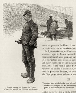 Porträt von Fridtjof Nansen (1861-1930), norwegischer Polarforscher. Gravur von Thiriat, zur Illustration der Geschichte „Die erste Durchquerung Grönlands“ von Fridtjof Nansen (1861-1930), 1888, in Le Tour du monde. von Henri Thiriat