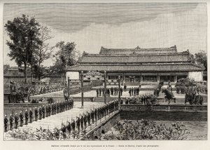 Feierliche Audienz von König Dong Khanh (1864-1889) Kaiser von Annam für die Vertreter Frankreichs in der kaiserlichen Stadt Hue (Vietnam). Gravur von Thiriat zur Illustration der Geschichte Trente mois au Tonkin von Henri Thiriat
