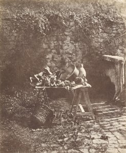 Stillleben: Kessel, Krug und Gemüse auf einem Tisch mit Böcken von Henri Victor Regnault