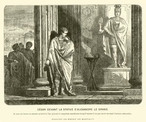 Julius Caesar vor einer Statue von Alexander dem Großen in Spanien, beklagt das Ausmaß seiner Errungenschaften im Vergleich zu Alexanders im gleichen Alter wie dessen Tod, ca. 67 v. Chr. von Henri de (after) Montaut