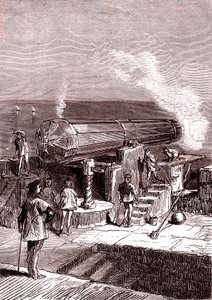 Die Riesengeschützkanone auf der Insel Malta, Kunstwerk, "Von der Erde zum Mond" von Jules Verne von Henri de Montaut