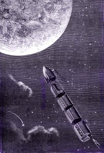 Zug von Kugeln (oder Projektilen), die von einer Riesengeschützkanone zum Mond abgefeuert wurden, "Von der Erde zum Mond" von Jules Verne von Henri de Montaut