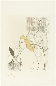 Friseurin kämmt Haare einer sitzenden Frau mit Spiegel in der Hand von Henri de Toulouse Lautrec (signed by artist)