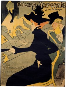 Plakat für das Pariser Kabarett „Das japanische Sofa“ mit der Tänzerin Jane Avril (1868-1943) und dem Tänzer. Schriftsteller Edouard Dujardin (1861-1949) beobachtet die Sängerin Yvette Guilbert (1867-1944) auf der Bühne - Lithographie von Henri de Toulouse