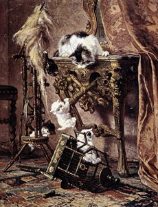Eine Katze beobachtet ihre spielenden Kätzchen - von Henriette Ronner