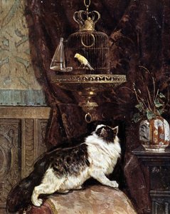 Katze beobachtet einen Vogel im Käfig - von Henriette Ronner