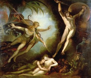 Satan erschrickt vor der Berührung von Ithuriels Lanze