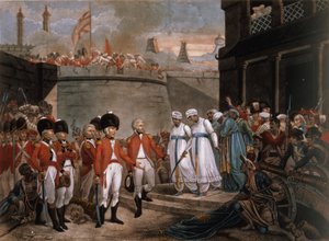 Die Kapitulation von zwei Söhnen von Tippoo Sahib (1749-99) als Geiseln als Wiedergutmachung für den Krieg gegen Großbritannien von Henry (after) Singleton