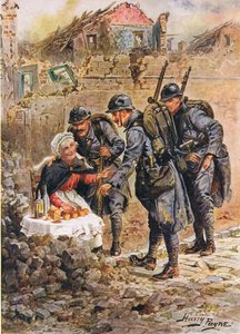 Eine alte Frau verkauft Kuchen zwischen den fallenden Häusern von Verdun, Illustration aus Tapfere Taten von tapferen Männern von C. Sheridan Jones, veröffentlicht 1922 von Henry A. 1868 1940 Payne