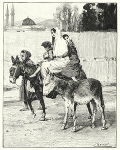 Mehrere Personen reiten auf einem Esel (Lithografie)