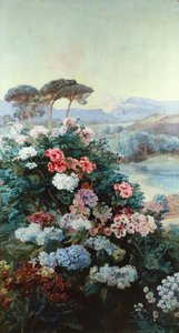 Kamelien und andere Blumen in einer Landschaft von Henry Arthur Bonnefoy