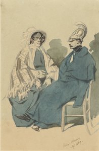 Kürassier mit Helm und blauem Mantel, sitzend neben einer alten Dame im Reisekleid