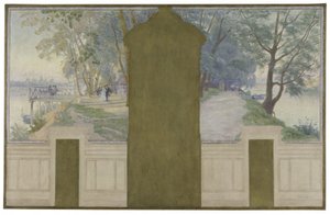 Skizze für den Hochzeitssaal des Rathauses von Asnières: Landschaften. Die Seine mit den Brücken von Saint-Ouen und Courbevoie, ca. 1900 von Henry Bouvet