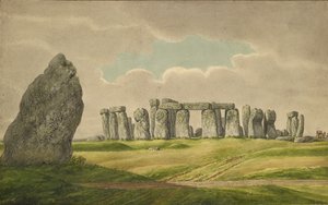Stonehenge von Nordosten, zeigt Ruinen und Fersenstein mit Wagen, Pferd, Person, 1824-1839
