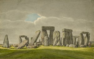 Stonehenge von Südosten, zeigt Steine im ruinösen Zustand mit 2 Besuchern, 1824-1839