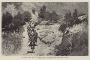 Der Aufstand an der indischen Grenze, Camp Sheranni, Tochi-Tal, Highlander marschieren durch eine Schlucht von Henry Charles Seppings Wright