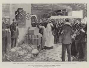 Der verstorbene Herzog von Sachsen-Coburg-Gotha, Gedenkgottesdienst an Bord der HMS Alexandra, das letzte Kommando des Herzogs von Henry Charles Seppings Wright